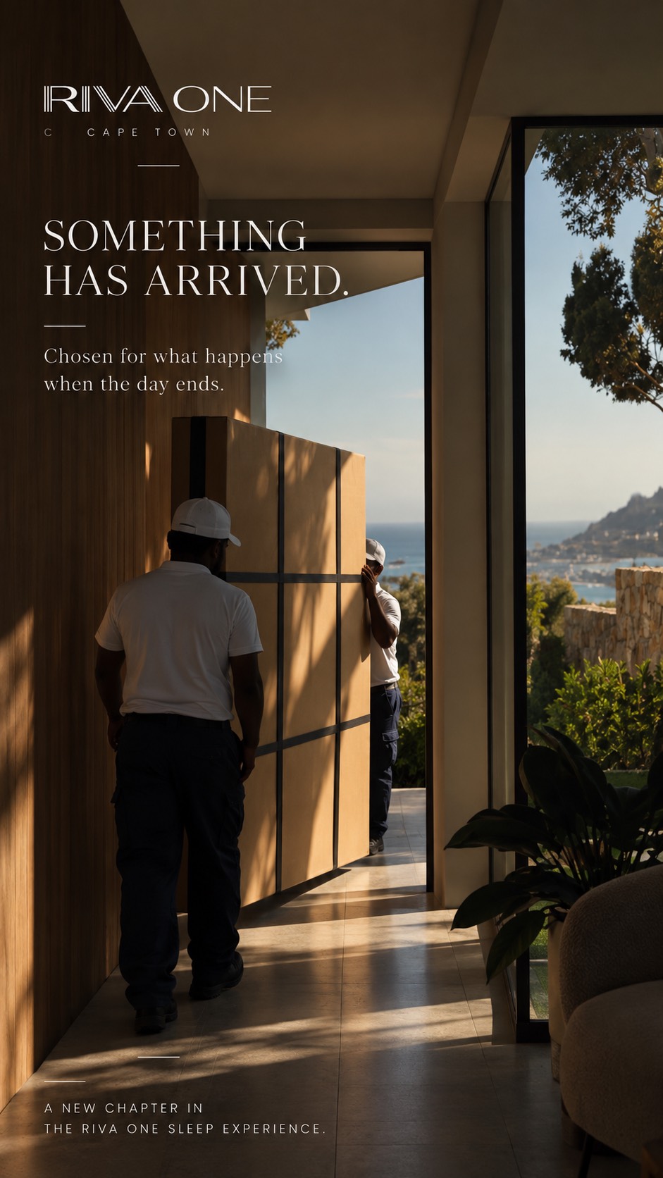 Launch campaign frame: “Something has arrived” — a large delivery being carried into a Riva One suite