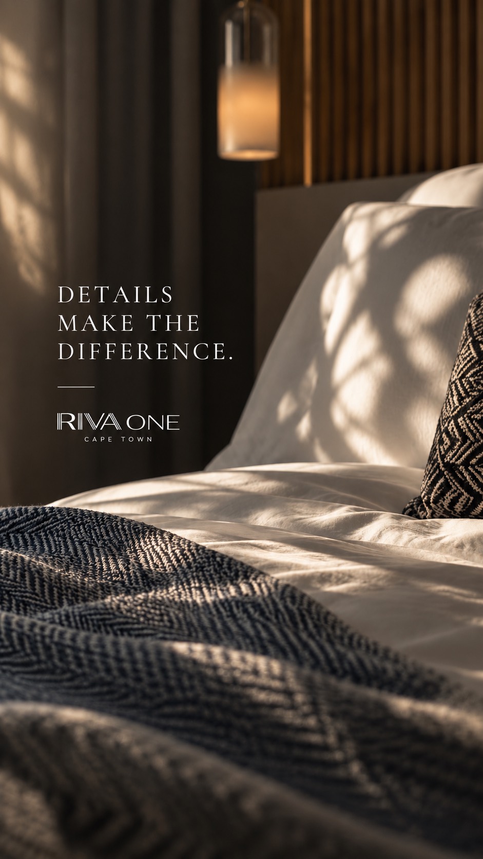Launch campaign frame: “Details make the difference” — bed linen in warm light